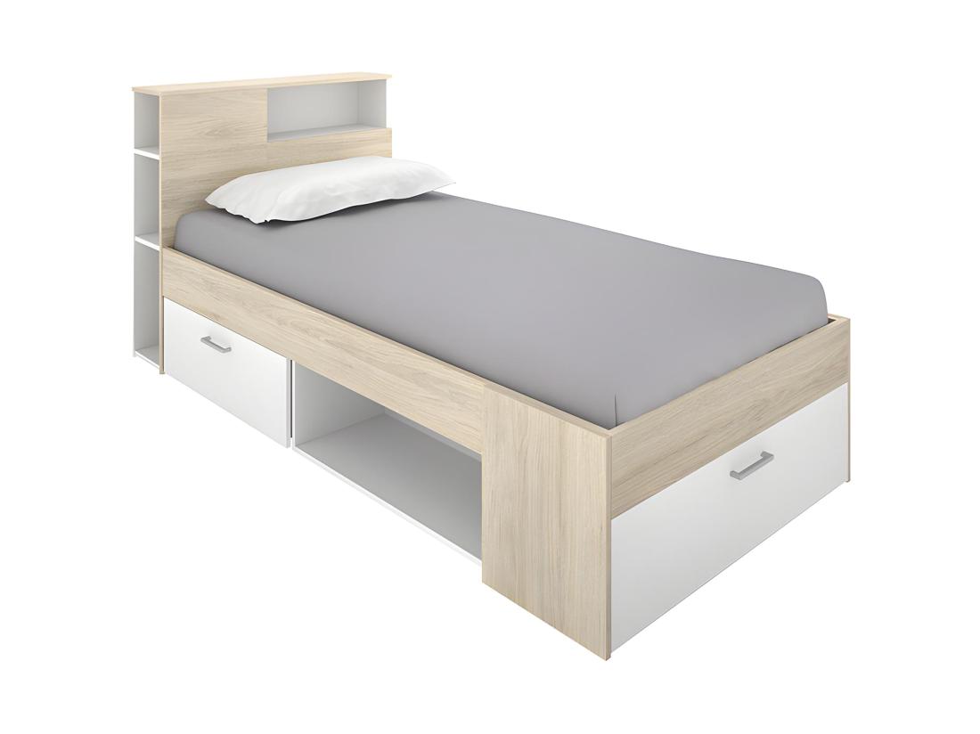 Vente Unique Lit Avec Tête De Lit Rangements Et Tiroir - 90 X 190 Cm - Blanc Et Naturel - LEANDRE