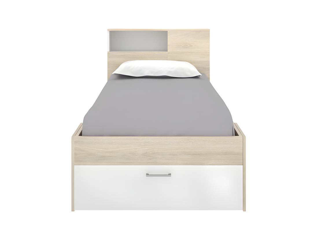 Vente Unique Lit Avec Tête De Lit Rangements Et Tiroir - 90 X 190 Cm - Blanc Et Naturel - LEANDRE