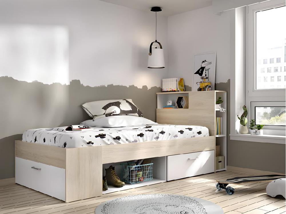 vente unique Lit avec tête de lit rangements et tiroir - 90 x 190 cm - Blanc et Naturel - LEANDRE