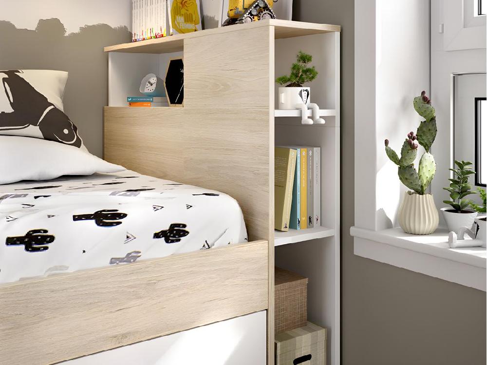 Vente Unique Lit Avec Tête De Lit Rangements Et Tiroir - 90 X 190 Cm - Blanc Et Naturel + Sommier - LEANDRE