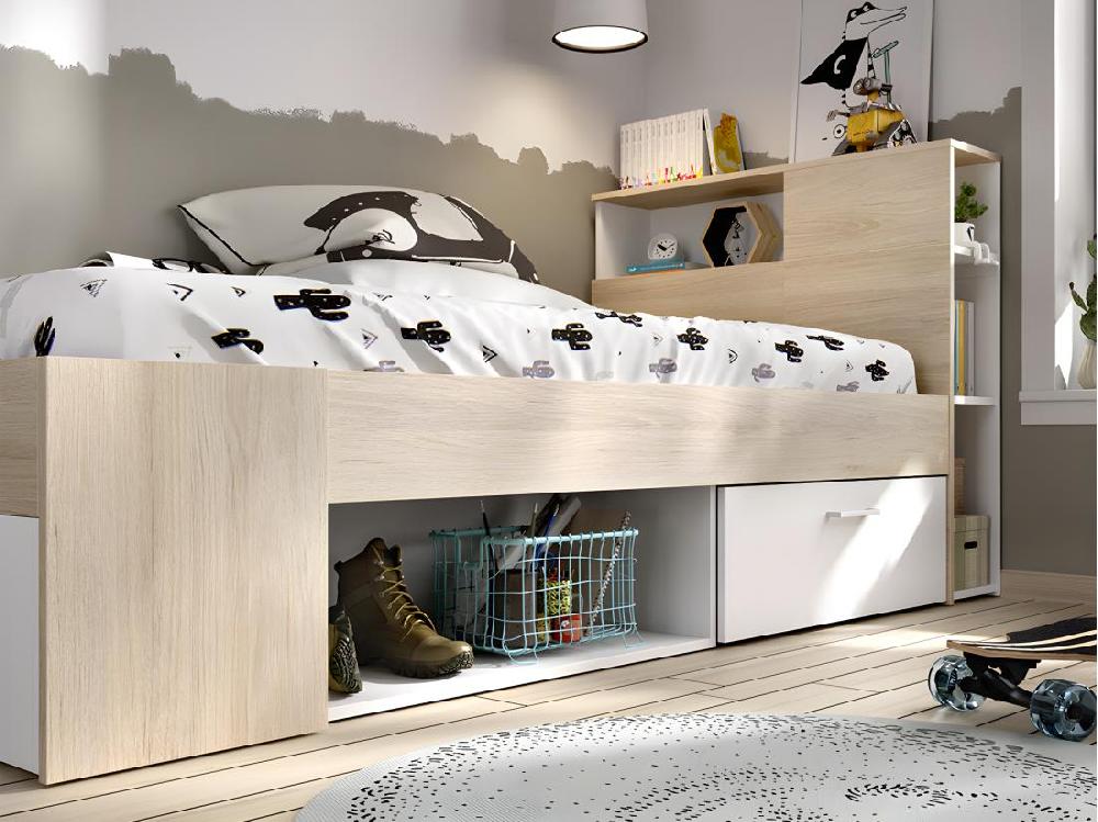 Vente Unique Lit Avec Tête De Lit Rangements Et Tiroir - 90 X 190 Cm - Blanc Et Naturel + Sommier - LEANDRE