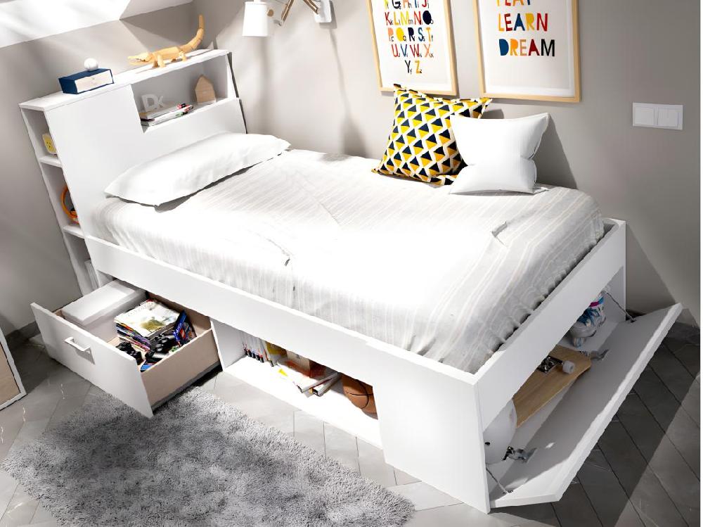 Vente Unique Lit Avec Tête De Lit Rangements Et Tiroir - 90 X 190 Cm - Blanc + Sommier - LEANDRE
