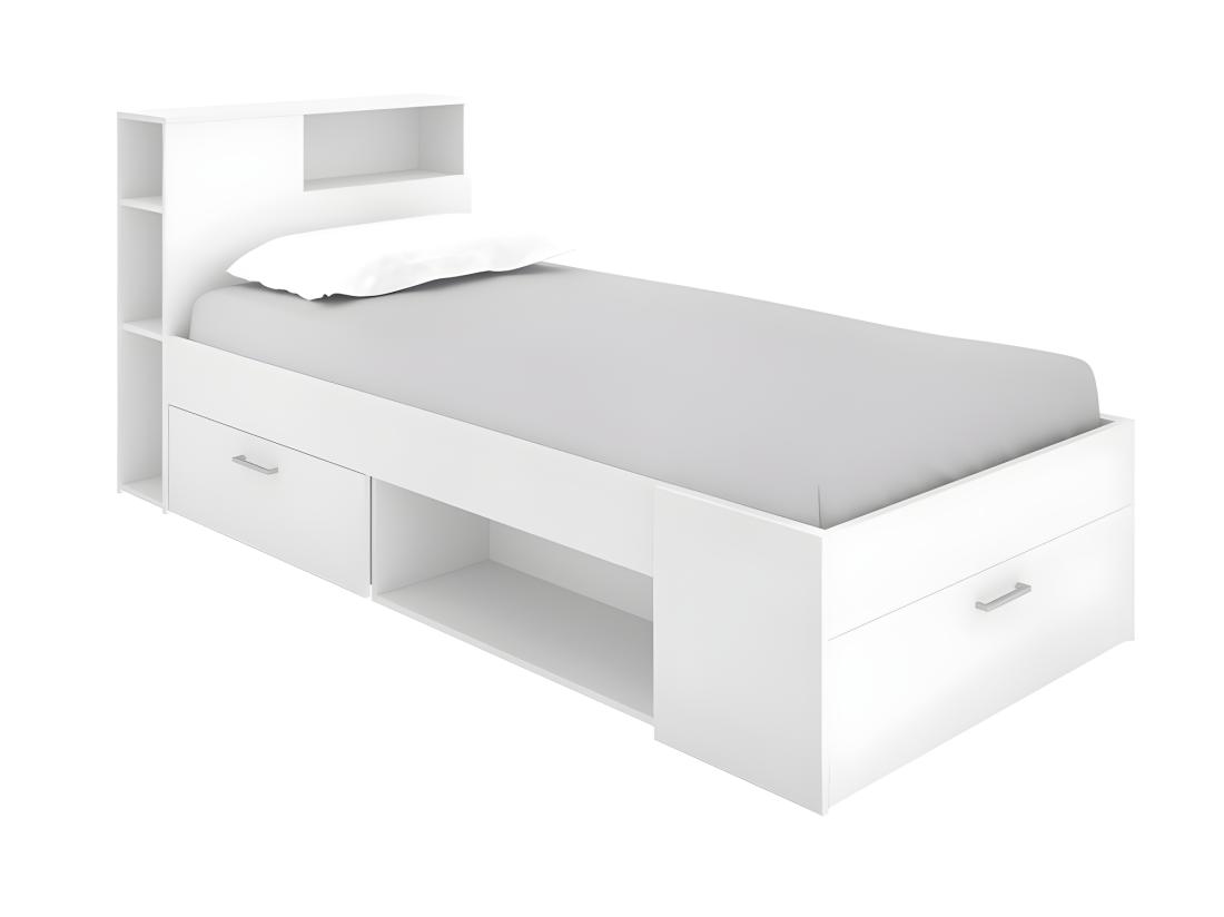 Vente Unique Lit Avec Tête De Lit Rangements Et Tiroir - 90 X 190 Cm - Blanc + Sommier - LEANDRE