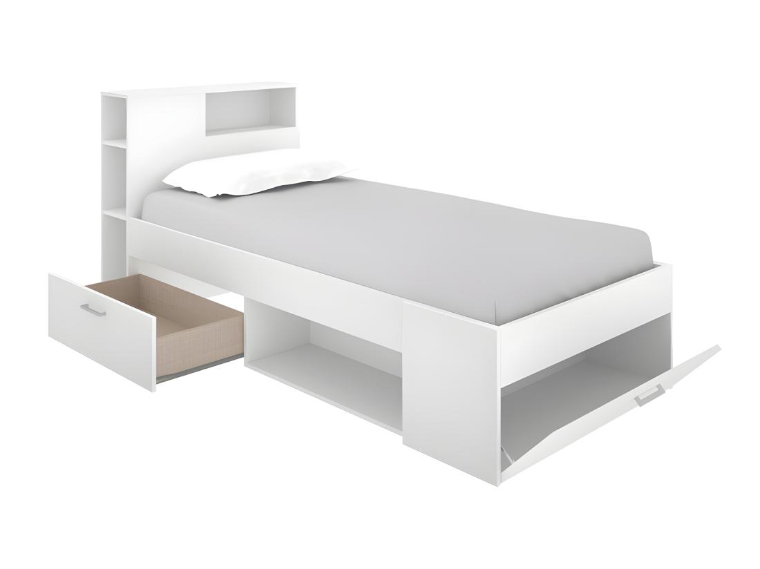 Vente Unique Lit Avec Tête De Lit Rangements Et Tiroir - 90 X 190 Cm - Blanc + Sommier - LEANDRE