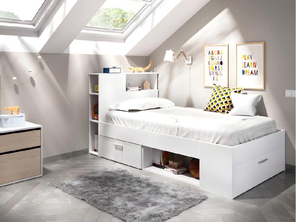 vente unique Lit avec tête de lit rangements et tiroir - 90 x 190 cm - Blanc + Sommier - LEANDRE