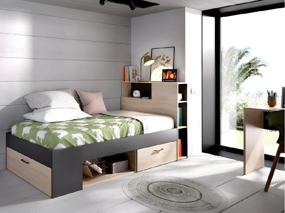 vente unique Lit avec tête de lit rangements et tiroir - 90 x 190 cm - Anthracite et naturel + Sommier - LEANDRE