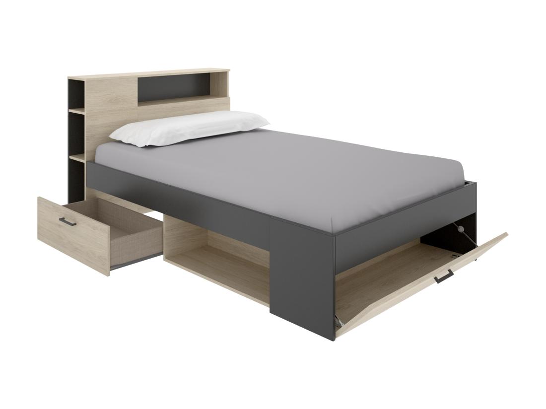 Vente Unique Lit Avec Tête De Lit Rangements Et Tiroirs - 120 X 190cm - Coloris : Naturel Et Anthracite - LEANDRE