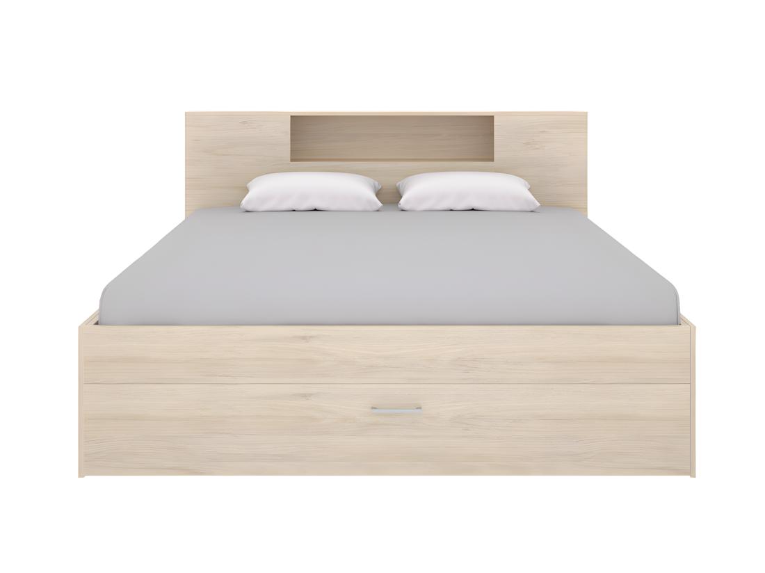 Vente Unique Lit Avec Tête De Lit Rangements Et Tiroirs - 140 X 190 Cm - Coloris : Naturel - LEANDRE