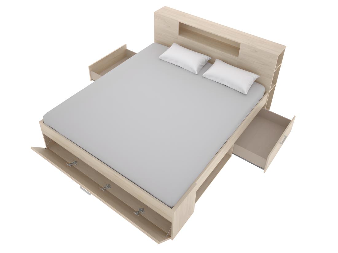 Vente Unique Lit Avec Tête De Lit Rangements Et Tiroirs - 140 X 190 Cm - Coloris : Naturel - LEANDRE