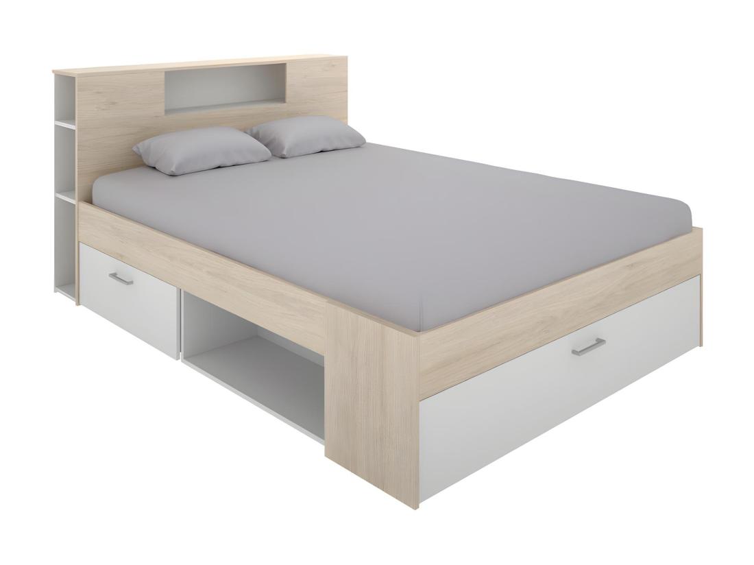 Vente Unique Lit Avec Tête De Lit Rangements Et Tiroirs - 140 X 190 Cm - Coloris : Naturel Et Blanc - LEANDRE