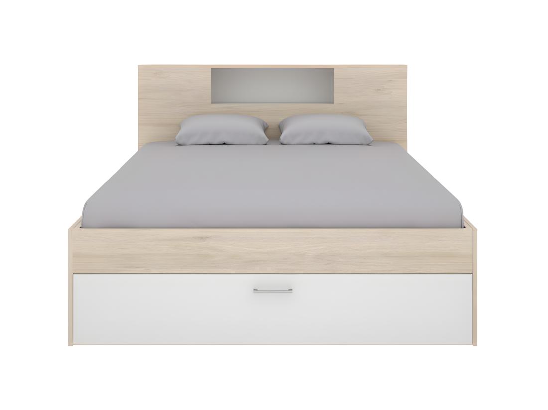 Vente Unique Lit Avec Tête De Lit Rangements Et Tiroirs - 140 X 190 Cm - Coloris : Naturel Et Blanc - LEANDRE