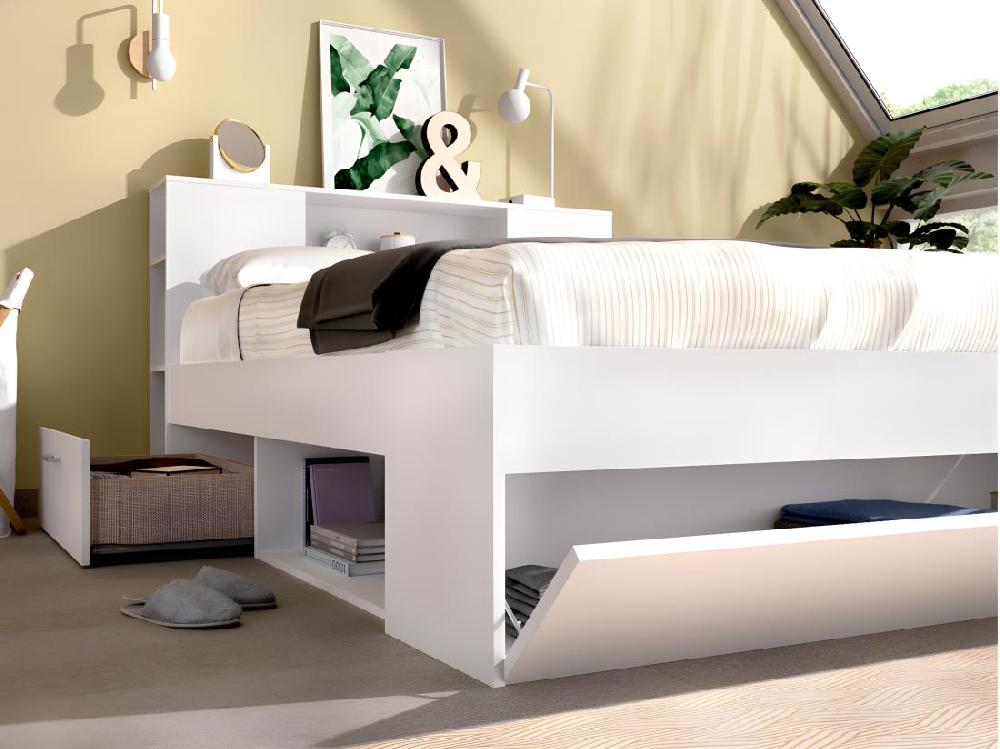 Vente Unique Lit Avec Tête De Lit Rangements Et Tiroirs - 140 X 190 Cm - Coloris : Blanc + Sommier - LEANDRE