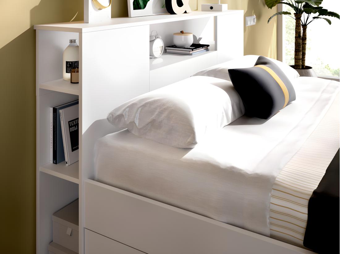 Vente Unique Lit Avec Tête De Lit Rangements Et Tiroirs - 140 X 190 Cm - Coloris : Blanc + Sommier - LEANDRE