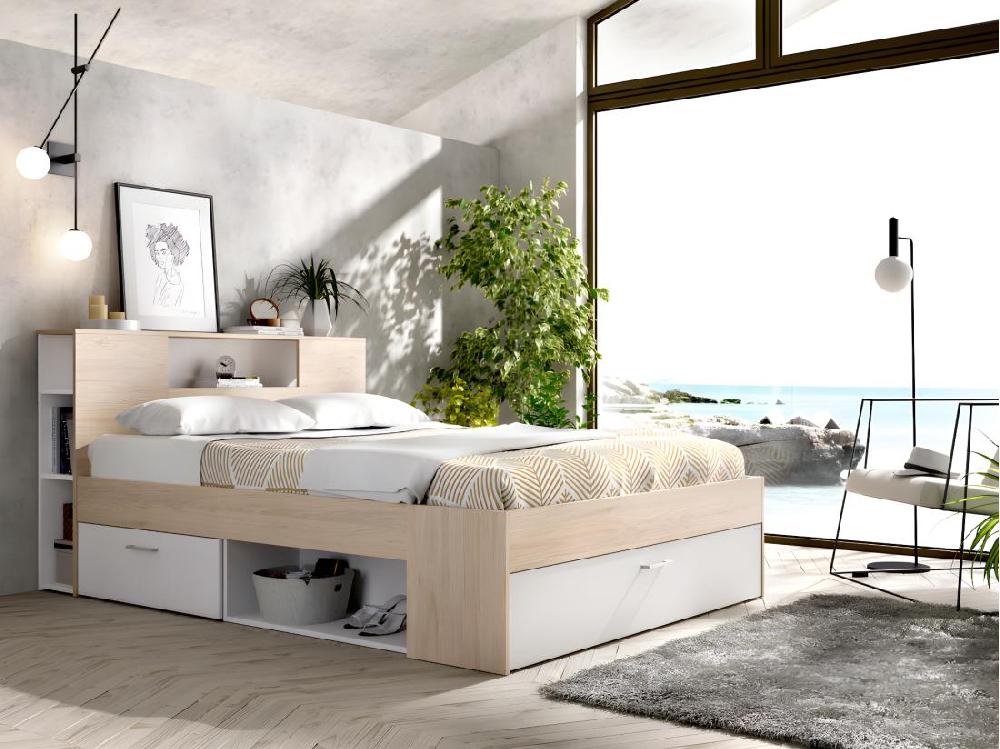 Vente Unique Lit Avec Tête De Lit Rangements Et Tiroirs - 140 X 190 Cm - Coloris : Naturel Et Blanc + Sommier + Matelas - LEANDRE