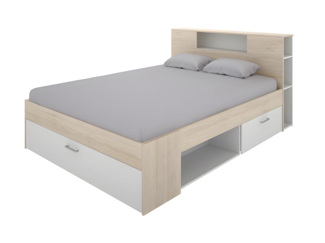 Vente Unique Lit Avec Tête De Lit Rangements Et Tiroirs - 140 X 190 Cm - Coloris : Naturel Et Blanc + Sommier + Matelas - LEANDRE
