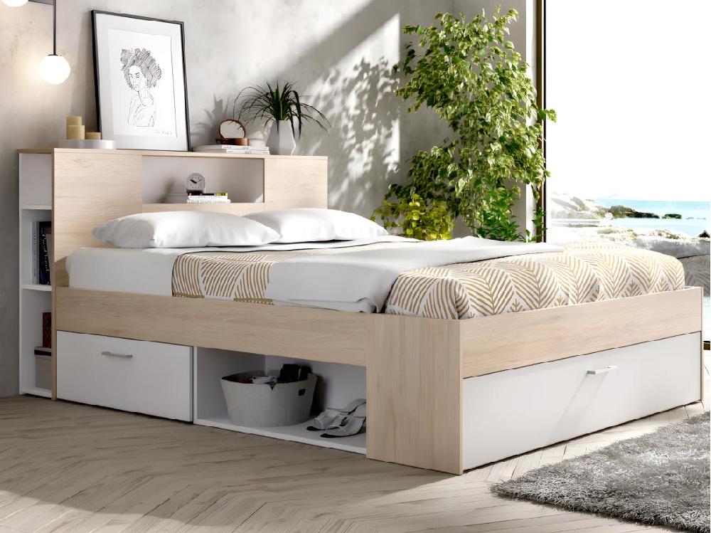 vente unique Lit avec tête de lit rangements et tiroirs - 140 x 190 cm - Coloris : Naturel et blanc + Sommier + Matelas - LEANDRE