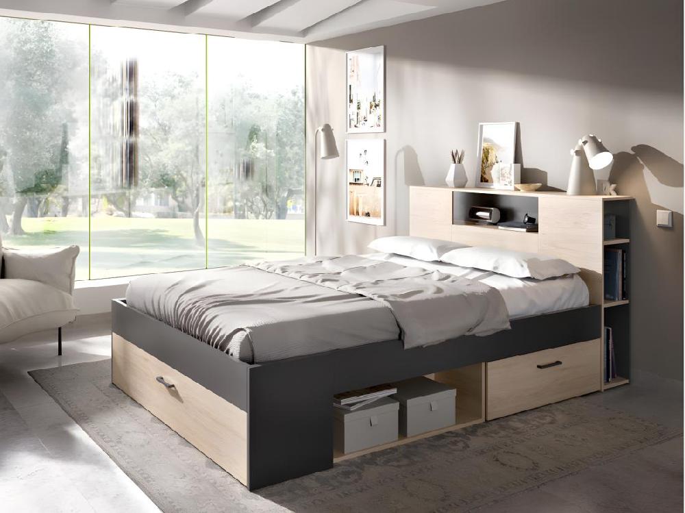 Vente Unique Lit Avec Tête De Lit Rangements Et Tiroirs - 140 X 190 Cm - Coloris : Naturel Et Anthracite + Sommier - LEANDRE
