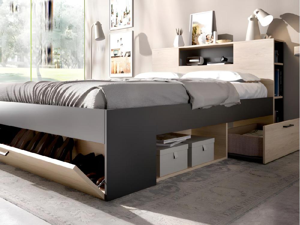 Vente Unique Lit Avec Tête De Lit Rangements Et Tiroirs - 140 X 190 Cm - Coloris : Naturel Et Anthracite + Sommier - LEANDRE