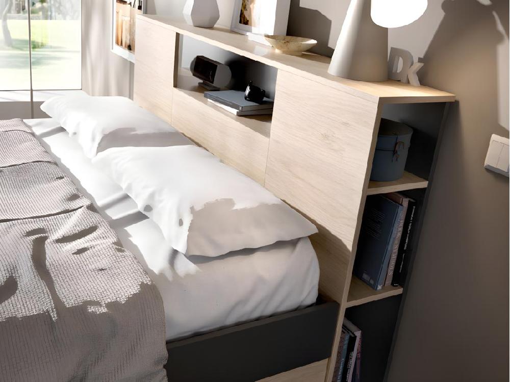 Vente Unique Lit Avec Tête De Lit Rangements Et Tiroirs - 140 X 190 Cm - Coloris : Naturel Et Anthracite + Sommier - LEANDRE
