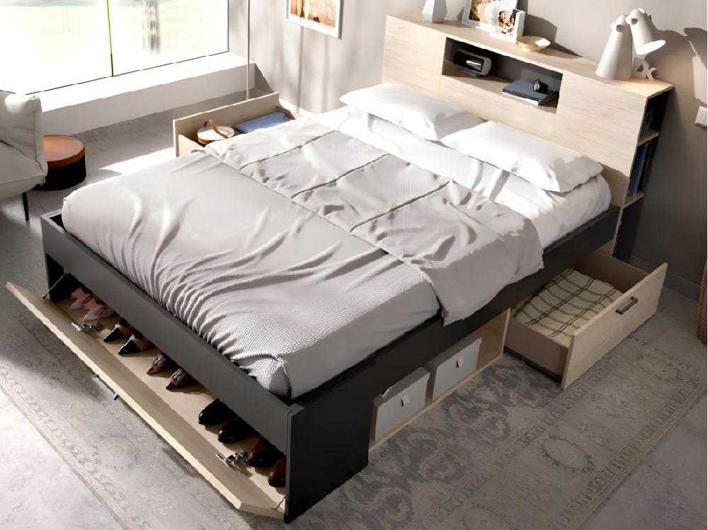 Vente Unique Lit Avec Tête De Lit Rangements Et Tiroirs - 140 X 190 Cm - Coloris : Naturel Et Anthracite - LEANDRE