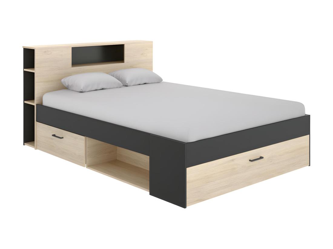 Vente Unique Lit Avec Tête De Lit Rangements Et Tiroirs - 140 X 190 Cm - Coloris : Naturel Et Anthracite - LEANDRE