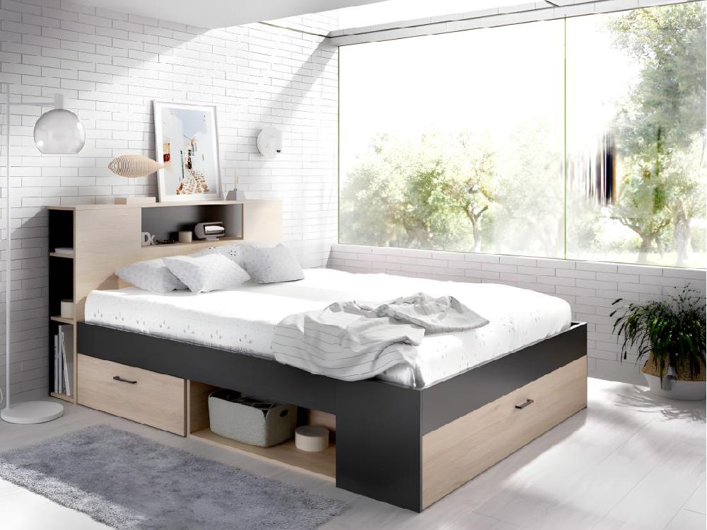 Vente Unique Lit Avec Tête De Lit Rangements Et Tiroirs - 140 X 190 Cm - Coloris : Naturel Et Anthracite + Sommier + Matelas - LEANDRE