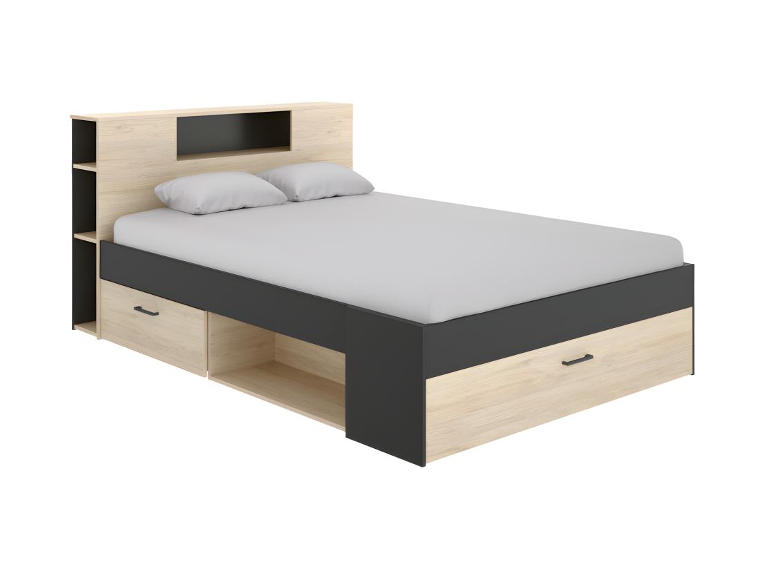 Vente Unique Lit Avec Tête De Lit Rangements Et Tiroirs - 140 X 190 Cm - Coloris : Naturel Et Anthracite + Sommier + Matelas - LEANDRE