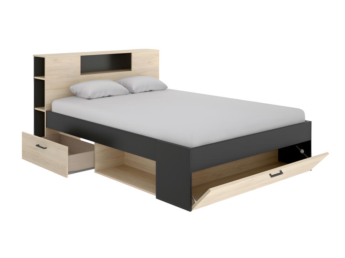 Vente Unique Lit Avec Tête De Lit Rangements Et Tiroirs - 140 X 190 Cm - Coloris : Naturel Et Anthracite + Sommier + Matelas - LEANDRE