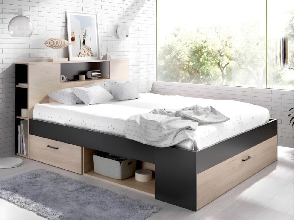 vente unique Lit avec tête de lit rangements et tiroirs - 140 x 190 cm - Coloris : Naturel et anthracite + Sommier + Matelas - LEANDRE