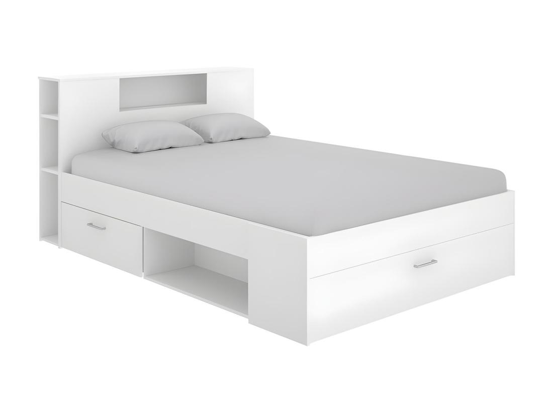 Vente Unique Lit Avec Tête De Lit Rangements Et Tiroirs - 140 X 190 Cm - Coloris : Blanc - LEANDRE