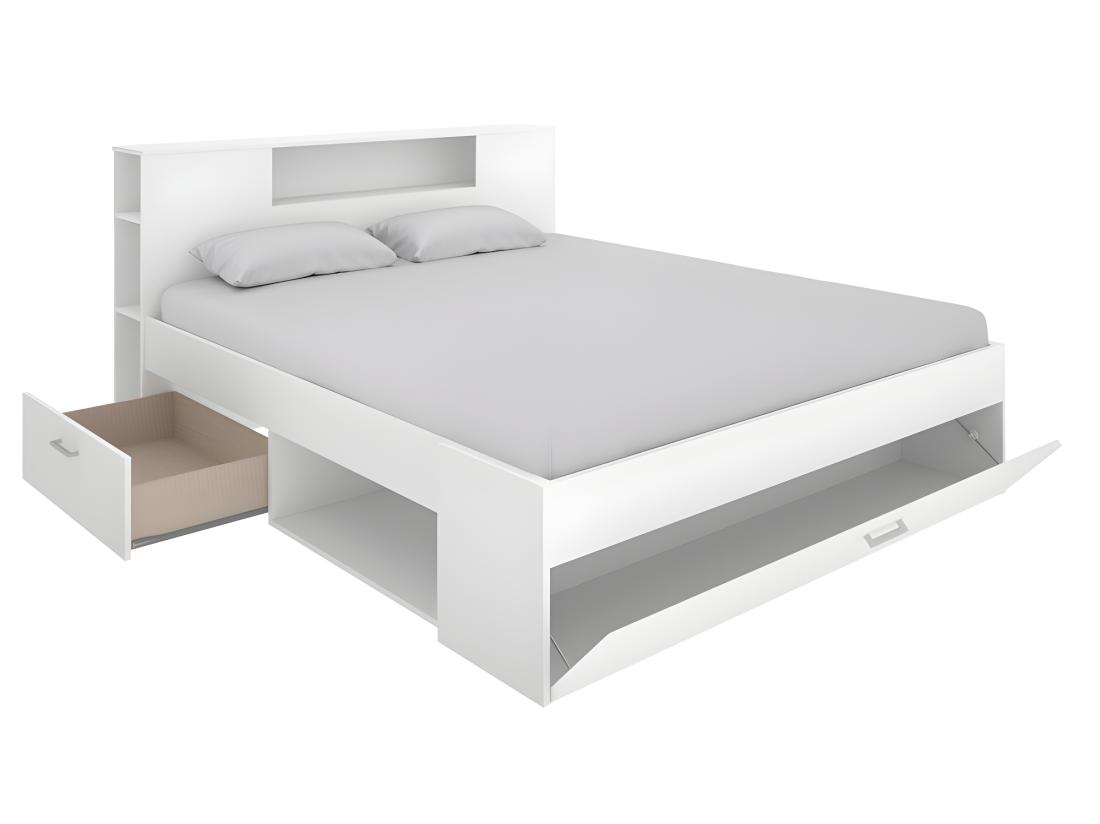 Vente Unique Lit Avec Tête De Lit Rangements Et Tiroirs - 140 X 190 Cm - Coloris : Blanc - LEANDRE