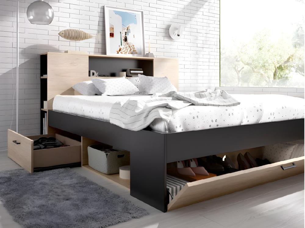 Vente Unique Lit Avec Tête De Lit Rangements Et Tiroirs - 160 X 200 Cm - Coloris : Naturel Et Anthracite + Sommier - LEANDRE