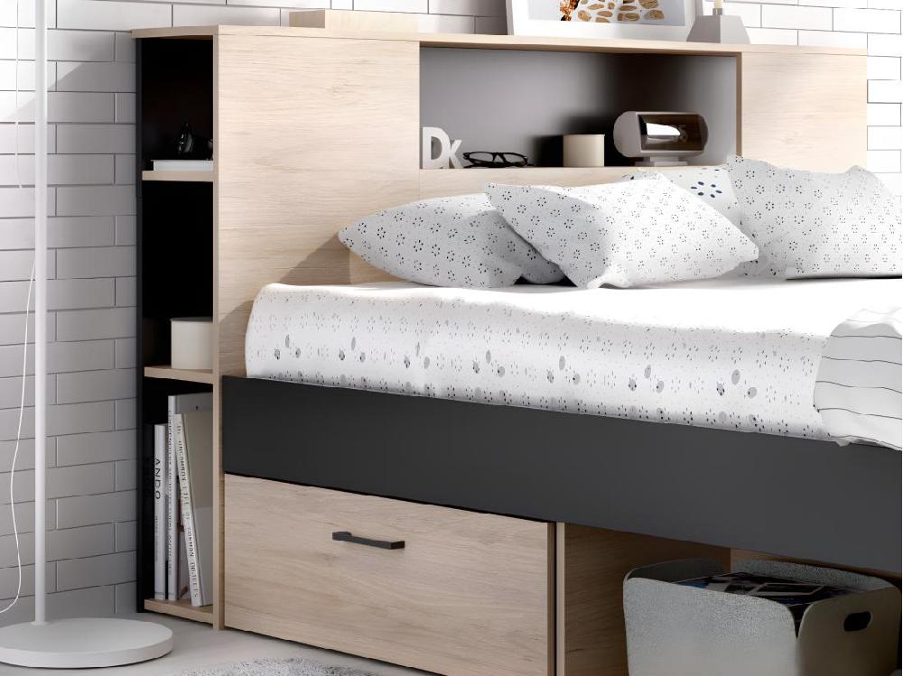 Vente Unique Lit Avec Tête De Lit Rangements Et Tiroirs - 160 X 200 Cm - Coloris : Naturel Et Anthracite + Sommier - LEANDRE