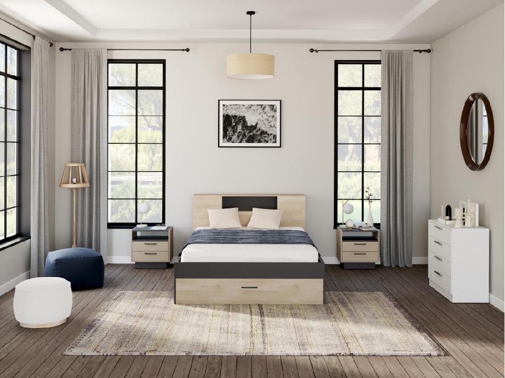 Vente Unique Lit Avec Tête De Lit Rangements Et Tiroirs - 160 X 200 Cm - Coloris : Naturel Et Anthracite + Sommier - LEANDRE