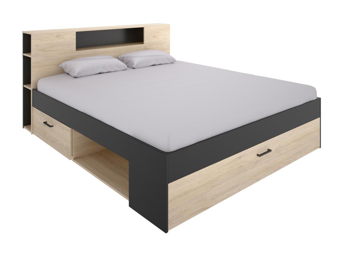 Vente Unique Lit Avec Tête De Lit Rangements Et Tiroirs - 180 X 200 Cm - Coloris : Naturel Et Anthracite + Sommier - LEANDRE