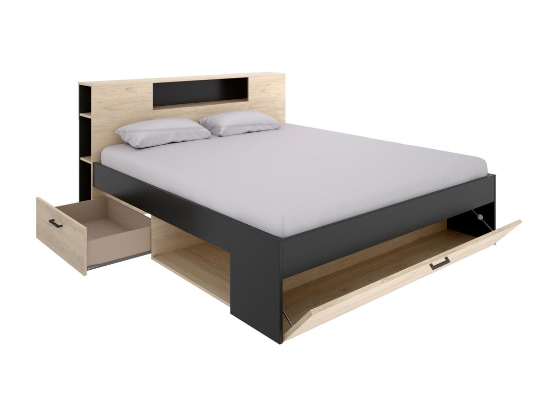 Vente Unique Lit Avec Tête De Lit Rangements Et Tiroirs - 180 X 200 Cm - Coloris : Naturel Et Anthracite + Sommier - LEANDRE