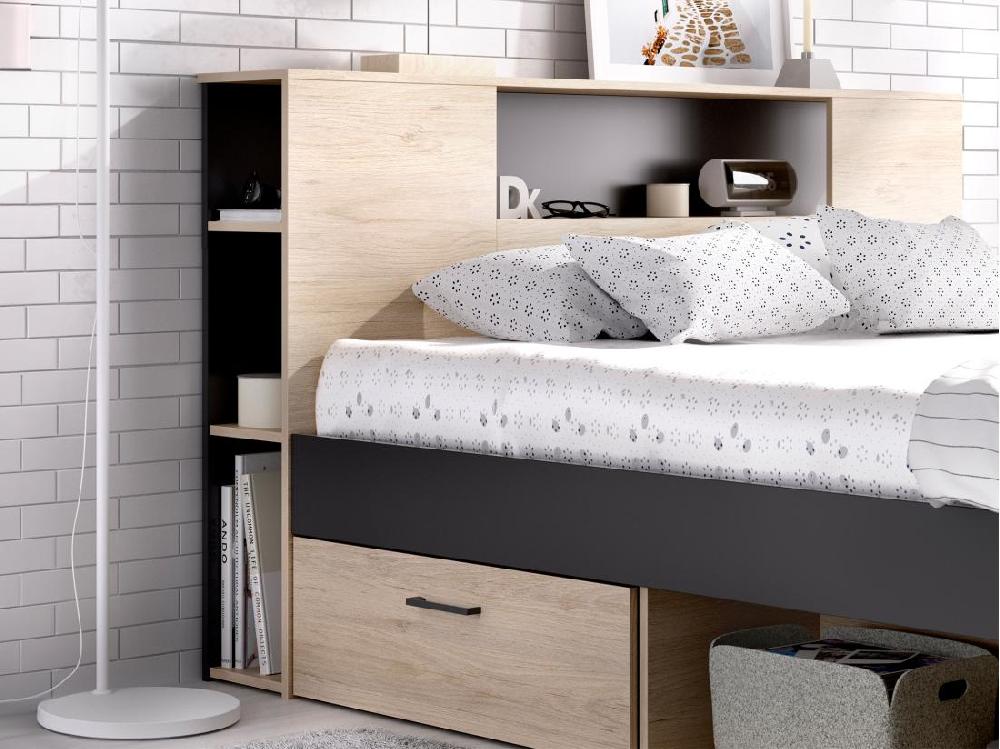 Vente Unique Lit Avec Tête De Lit Rangements Et Tiroirs - 180 X 200 Cm - Coloris : Naturel Et Anthracite + Sommier - LEANDRE