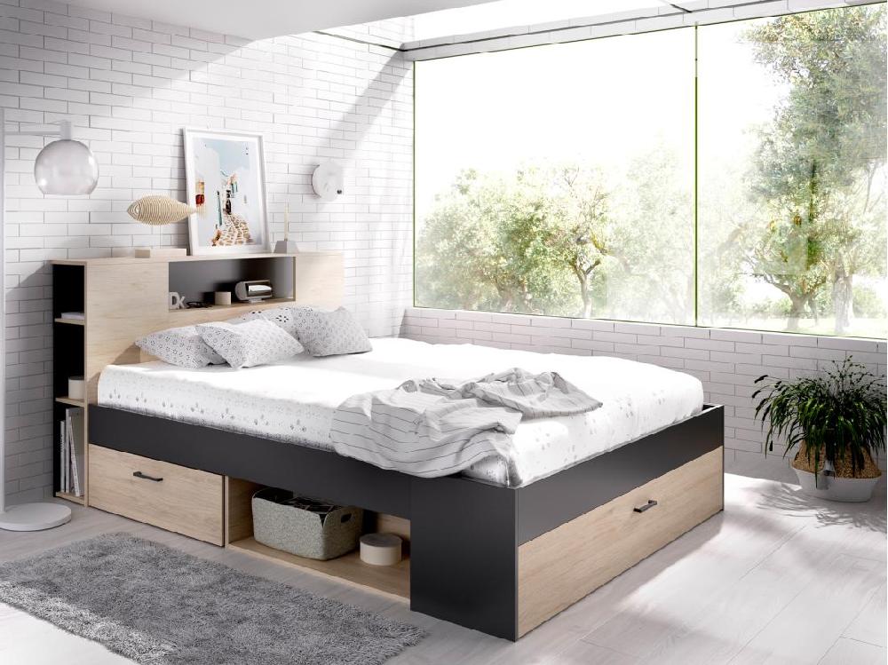 vente unique Lit avec tête de lit rangements et tiroirs - 180 x 200 cm - Coloris : Naturel et anthracite + Sommier - LEANDRE