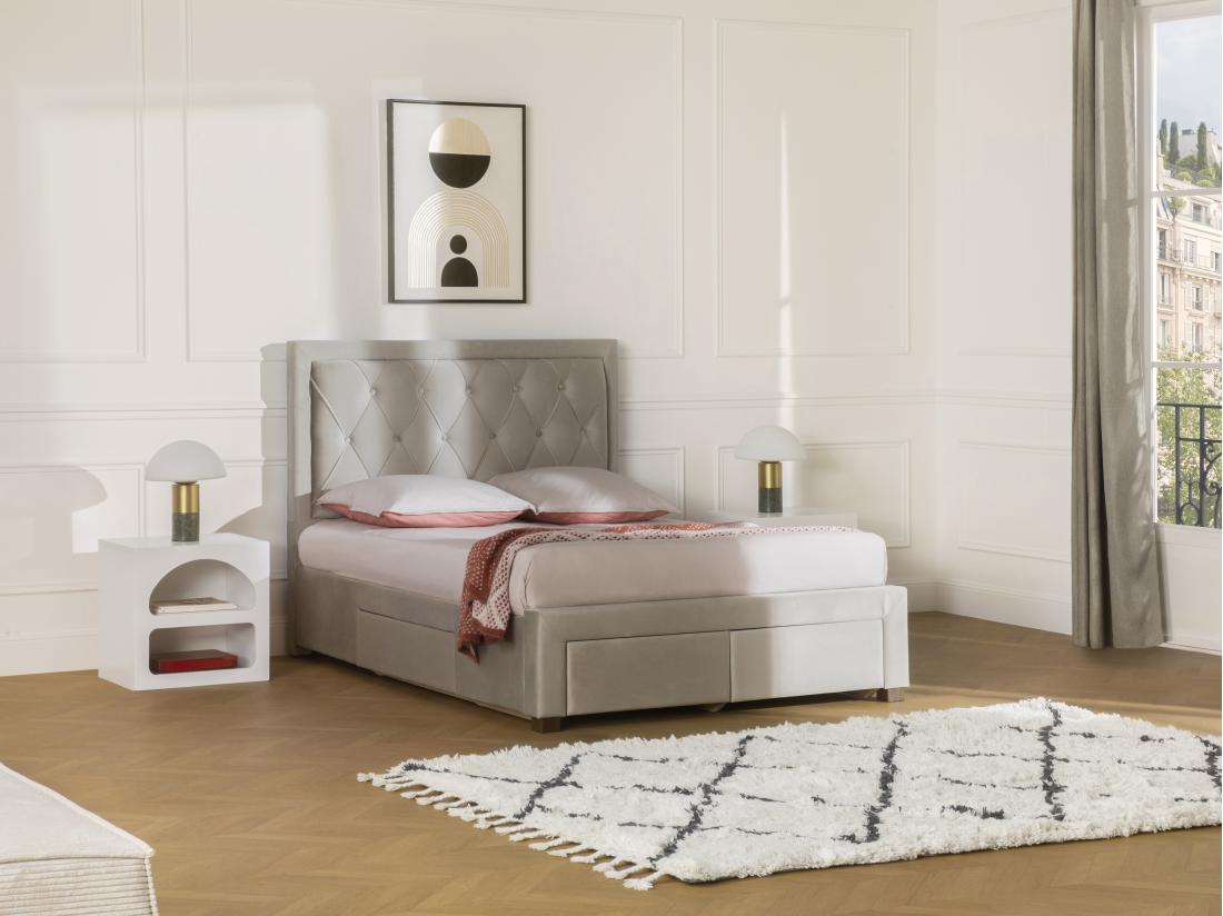 Vente Unique Lit Avec Tiroirs 140 X 190 Cm - Tissu Velours - Beige - LEOPOLD