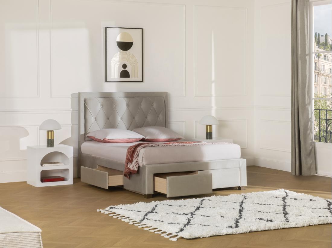 vente unique Lit avec tiroirs 140 x 190 cm - Tissu velours - Beige - LEOPOLD