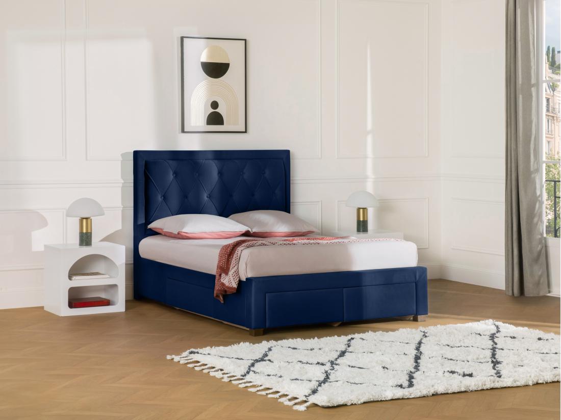 Vente Unique Lit Avec Tiroirs 160 X 200 Cm - Tissu Velours Bleu - LEOPOLD