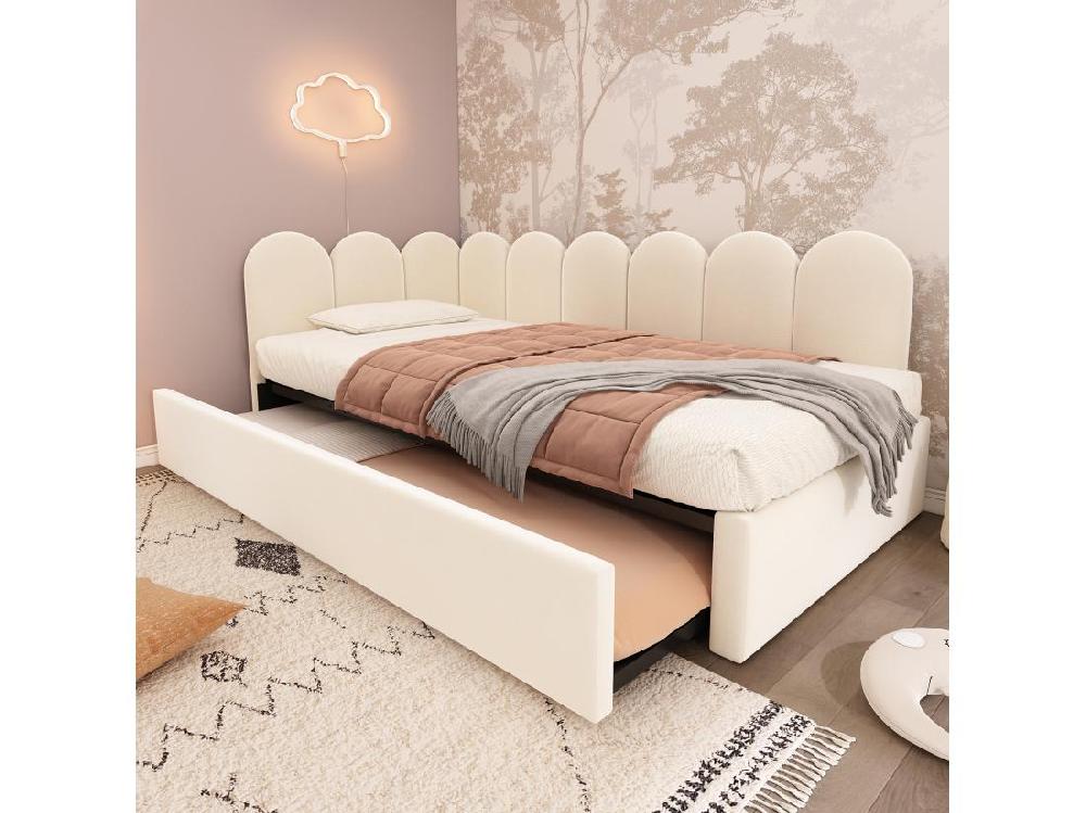 Vente Unique Lit Banquette 90x200 Cm - Avec Lit Gigogne 90x190 - Tissu En Velours - Beige