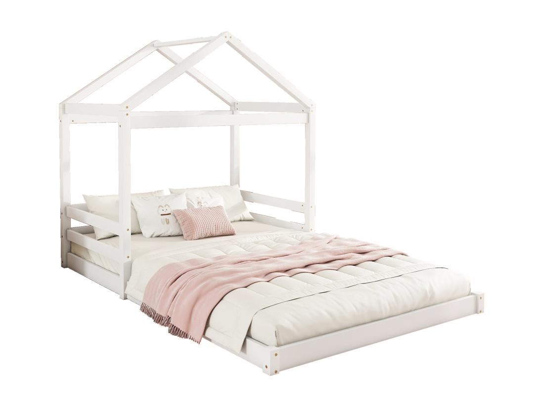 Vente Unique Lit Cabane 140x200cm En Bois Massif - Avec Sommier à Lattes - Blanc (matelas Non Inclus)