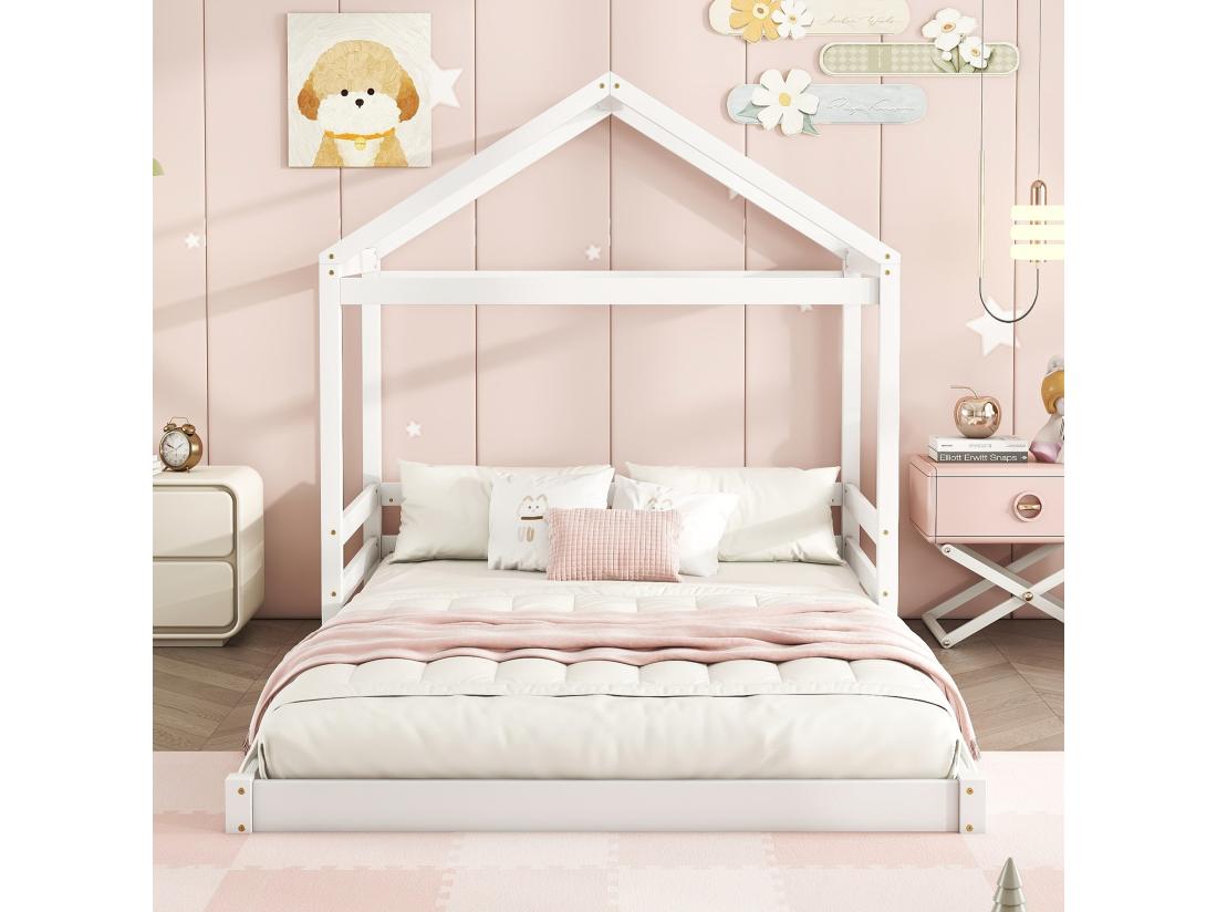 vente unique Lit cabane 140x200cm en bois massif - avec sommier à lattes - Blanc (matelas non inclus)