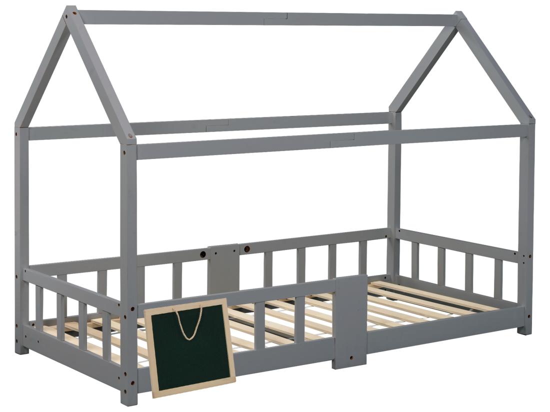 Vente Unique Lit Cabane 90x200cm En Bois Massif - Avec Un Tableau Noir - Gris