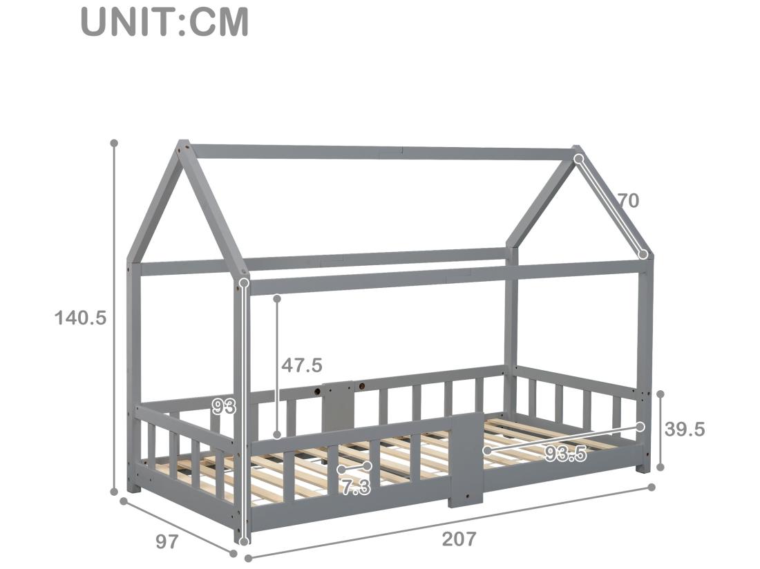 vente unique Lit cabane 90x200cm en bois massif - avec un tableau noir - Gris