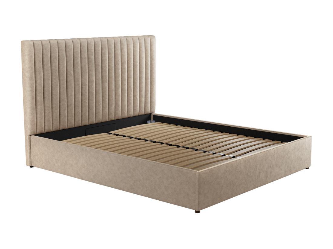 Vente Unique Lit Coffre 140 X 190 Cm Avec Tête De Lit Coutures Verticales - Tissu - Taupe - SARAH