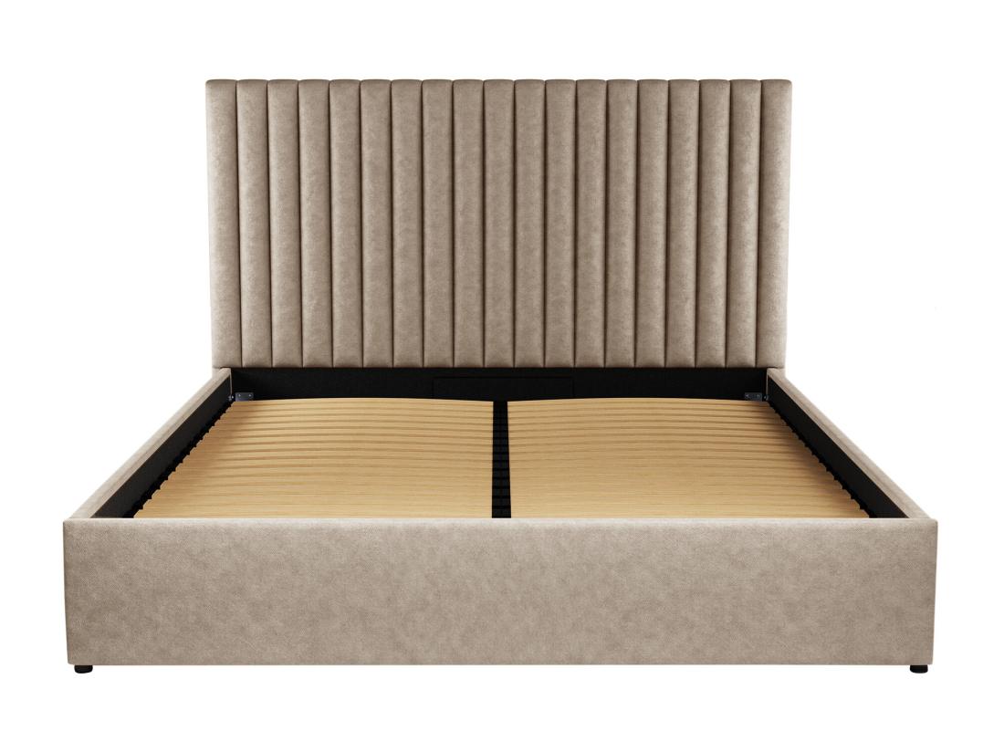 Vente Unique Lit Coffre 140 X 190 Cm Avec Tête De Lit Coutures Verticales - Tissu - Taupe - SARAH