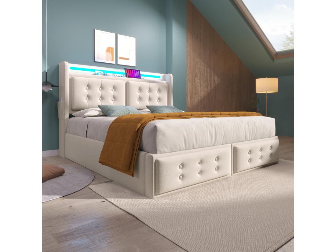 Vente Unique Lit Coffre 140x200cm En Tissu Lin - Avec LED Et Ports De Recharge - Beige