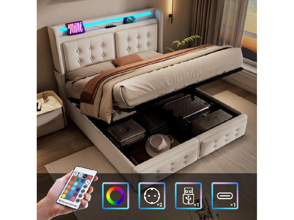 Vente Unique Lit Coffre 140x200cm En Tissu Lin - Avec LED Et Ports De Recharge - Beige